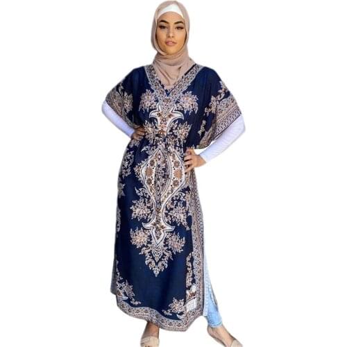 Vintage Kaftan Muslim Long Dress Print Arab Women Batwing Sleeve Maxi Robe Gown Middle East Ramadan Islamic Eid Malaysia Fashion