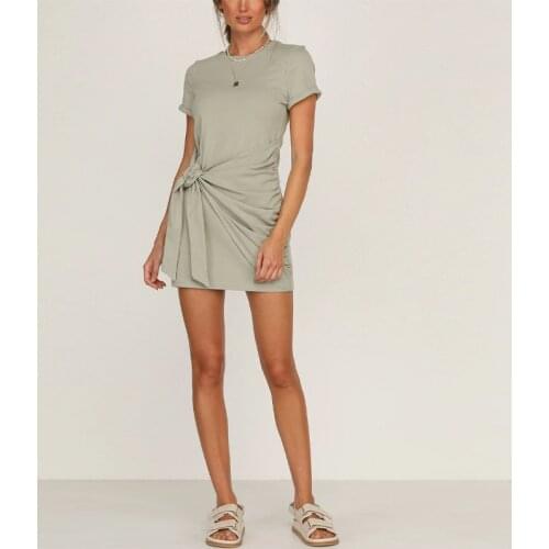 Women Solid Fashion Casual Mini Dress o Neck Short Sleeve High Waist Bandage Elegant Dress 2021 Office Lady Basic Summer Leisure