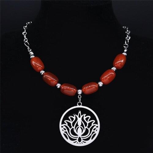 2021 Yoga Lotus Stainless Steel Red Natural Stone Necklaces Women Silver Color Chocker Necklace Jewelry bijoux femme NXS04