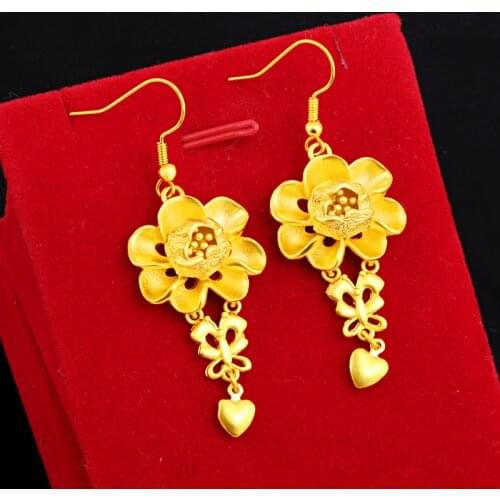 22K Yellow Gold Flower Earring for Women Romantic Heart Jewelry