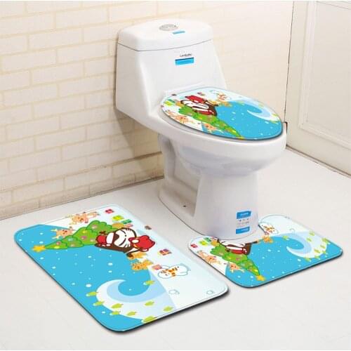 Merry Christmas Toilet Seat Cover Water Absorption 3Pcs Set Carpets Decoration Home Bathroom Anti-Slip Floor Mats Printing Rug