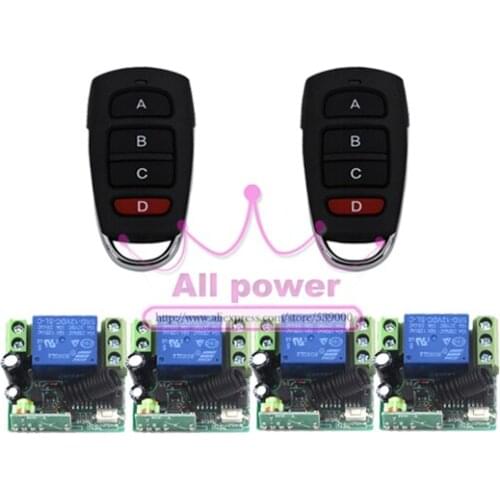 315/433MHZ DC12V 1CH remote control light on off switch 1Transmitter 4Receiver Momentary Toggle Latched with Relay indicator