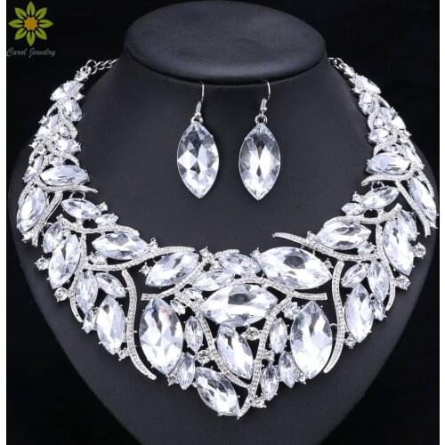 African Beads Promotion Wedding Jewelry Silver Plated Crystal Necklace And Earrings Sets For Women Bridal Jewelry Sets 7Colors