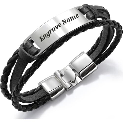 Personalized Men Multiple Layers Leather Bracelet Stainless Steel Custom Engraved Name Charm Bracelet Birthday Gift