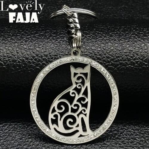 2021 Fashion Cat Crystal Stainless Steel Key Pendant for Women Round Silver Color Keychains Jewelry llavero gato K77386B
