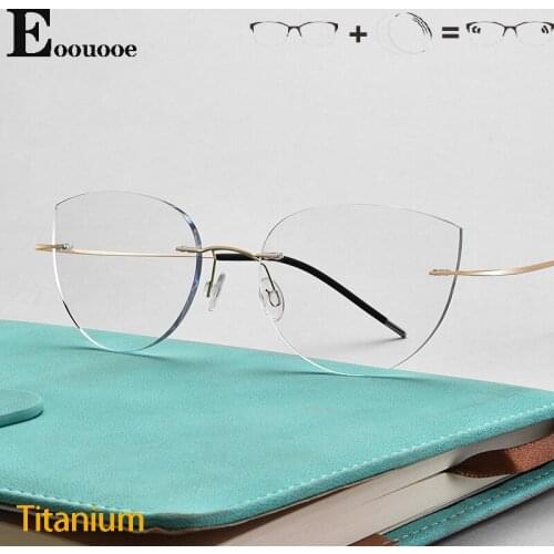 Brand Design Titanium Glasses For Woman Rimless Cat Eyewear Design Prescription Glasses Anti-Blue Ray Photochromism Lens