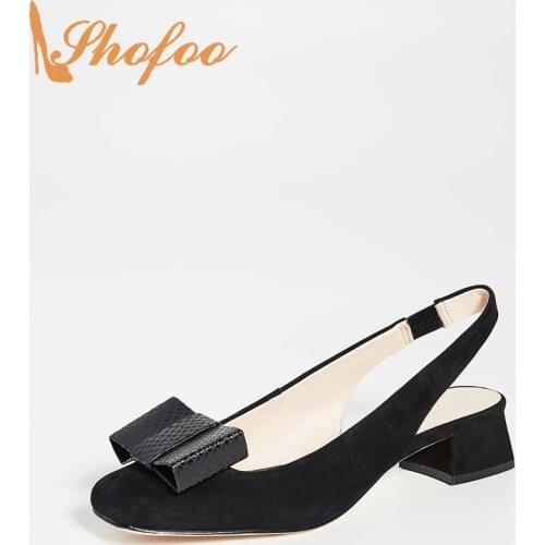 Black Slingback Pumps Med Chunky Heels Flock Butterfly-Knot Women Square Toe Big Size 13 16 Ladies Fashion Mature Shoes Shofoo