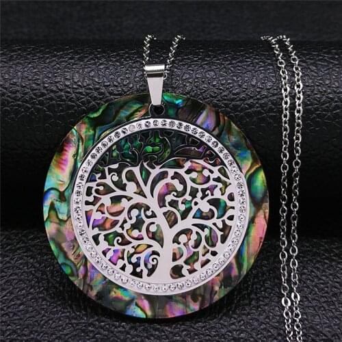 Tree of Life Crystal Stainless Steel Chain Necklaces Women Silver Color Big Necklaces Pendants Jewelry collar mujer NXS04