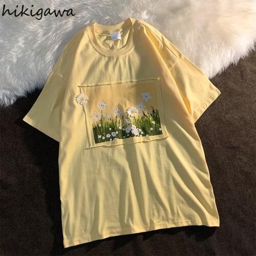 Hikigawa Japan Cute Clothes Women Tee Kawaii Tops Flower Print T-shirts Short Sleeve Lady T Shirts 2021 Summer Fashion Tshirt