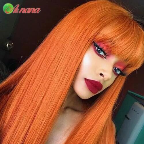 Alinana Orange Ginger Color Straight Full Machine Made Wig With Bangs For Black Women 8-30 Inches Peruvian Remy Human Hair Wigs