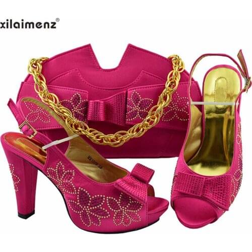 2019 Fuchsia Color Italian Design Shoes and Bags To Match Set Nigerian Women Wedding Shoes and Bags Sets with Applique