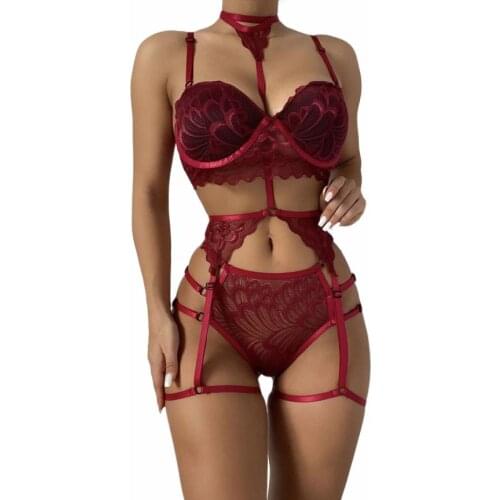 Three Piece Women’s Lingerie Set Sexy Lace Embroidery Bra and Low Waist Panty with Garter Belt