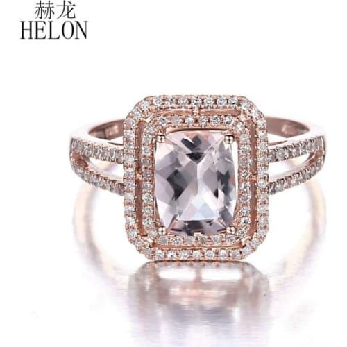 HELON Solid 10K Rose Gold Cushion 8x6mm Genuine Morganite Diamond Engagement Wedding Ring Women Party Fine Jewelry Diamond Ring
