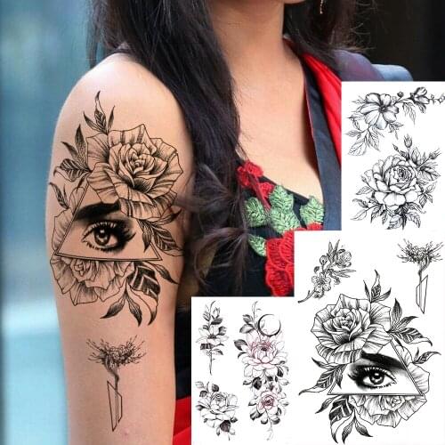 Half Sleeve Arm Flower Temporary Tattoo For Women Girls Rose Peony Fake Tattoo Sticker Black Moon Blossom Tattos Eye Triangle