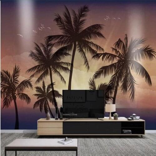 Custom wallpaper HD hand-painted sunset coconut tree sea style beautiful background wall decoration waterproof material