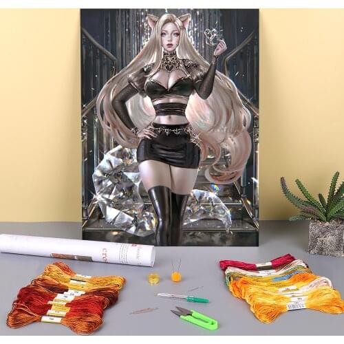 Cartoon Girl Woman Printed Water-Soluble Canvas 11CT Cross Stitch Embroidery Set DMC Threads Handiwork Knitting Counted