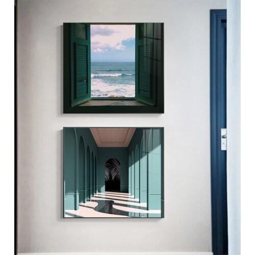 Nordic Modern Seascape Canvas Painting Poster Print Aisle Window Landscape Wall Art Blue Pictures Living Room Bedroom Home Decor