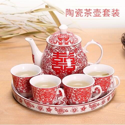 Wedding supplies teapot tea set festive Chinese wedding bride red ceramic change mouth teacup gift