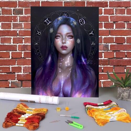 Cartoon Girl Woman Printed Fabric 11CT Cross-Stitch Patterns DIY Embroidery DMC Threads Knitting Craft Sewing Adults