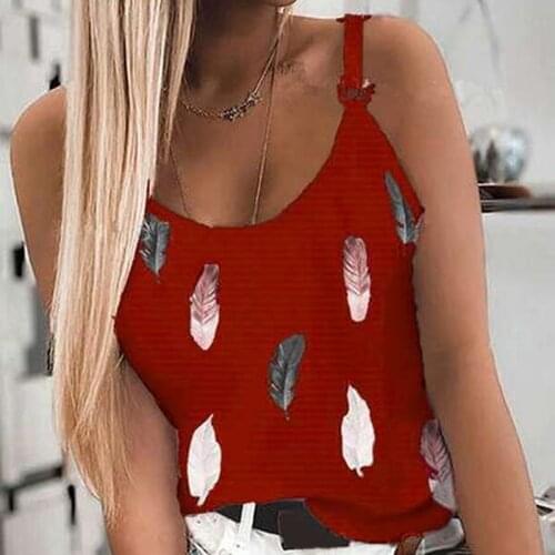 Ladies Feather Leaf Print Vest Sleeveless Loose Cami Top Women Summer Sleeveless Camisole Blouse Tops Shirt