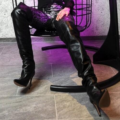 Street Style Ladys High Heel Boots Modern Shoes Black Gold Women Over Knee High Boots Sexy Pointy Toe Plus Size 48