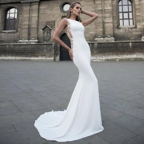 Simple Mermaid Wedding Dresses 2021 Satin Long Sweep Train O-Neck Sleeveless Lace Appliques Sexy Open Back Bridal Gown For Women