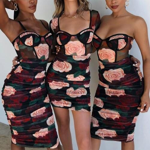 Echoine Sexy Rose Flower Print Floral Long Sleeve Mini Dress Women Skinny Bodysuit Playsuit Party Night Clubwear Vintage Vestido