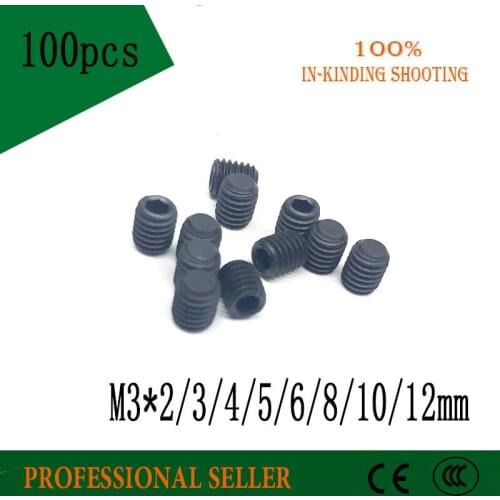 100PC M3*2/3/4/5/6/8/10/12 DIN913 Black Carbon Steel Metric Thread Grub Screws Flat Point Hexagon Socket Set Screw Headless Bolt