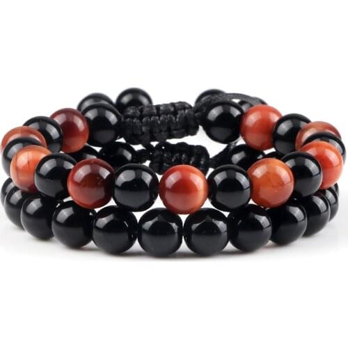 2pcs/set Men Natural Stone Bracelets Handmade Braided Tiger Eye Black Onyx Stone Beads Strand Bracelets Women Meditation Jewelry