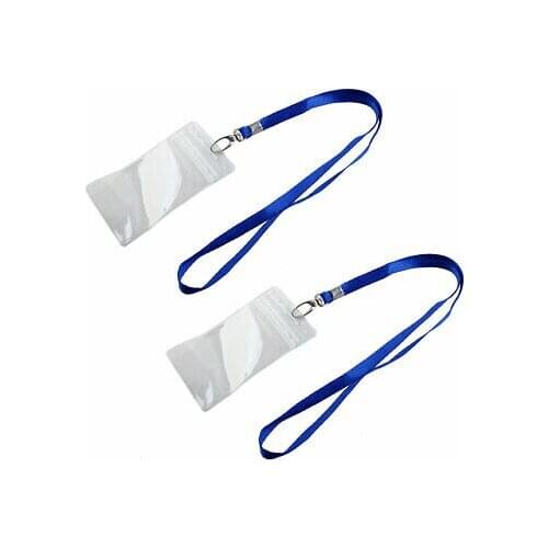 2 Pcs Clear ID Badge Card Vertical Holder w Blue Neck Strap