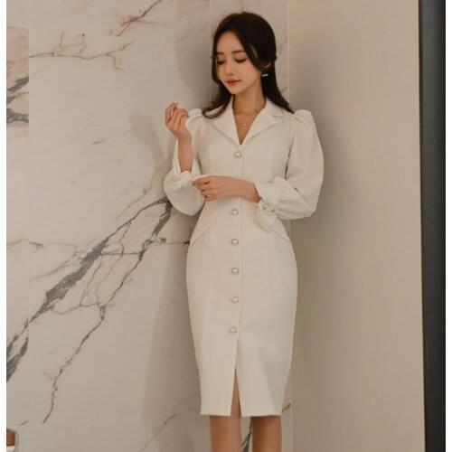 2021 Autumn Spring Dress White Lantern Sleeve Womens Elegant Bodycon Business Office Sexy Party Single-breasted Pencil Dresses