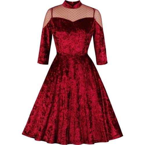 Velvet Mesh Lace Splicing Fashion Dress Womens Autumn Dress Stand Collar Wrist Sleeve High Waist Red Party Dress SP1244