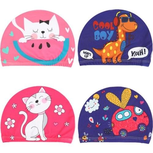 1pc Printed Swimming Cap for Children Elastic Fabric Cute Cartoon for Long Hair Kids Protect Ears Swim Pool Hat for Boys Girls