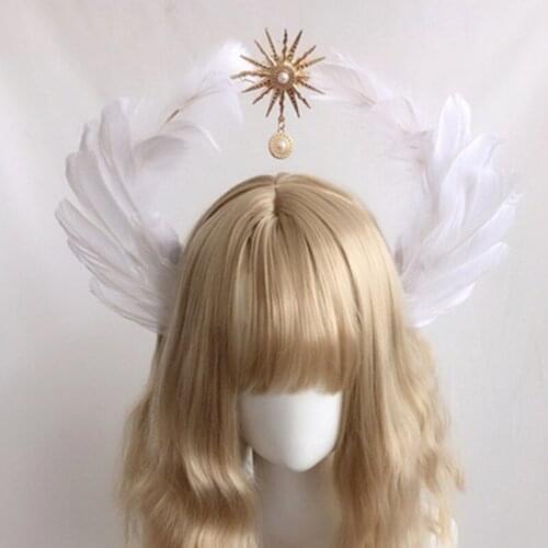 Lolita Sun Godmothers Headwear Headband KC Gothic White Angel Wings Virgin Mary Bead Chain Baroque Tiara Hair Accessories