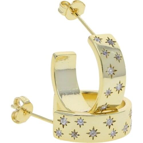 Classic Geometric Round Chunky Circle Hoop Earring Gold Color Starburst Design Medium Sized Hoop For Women