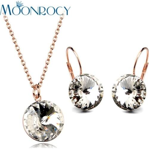 MOONROCY Free Shipping Necklace and Earrings Jewelry set Rose Gold Color blue Crystal Jewelry Set For Women gift