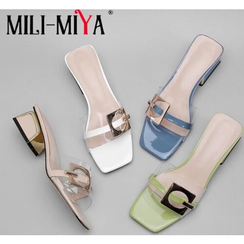 MILI-MIYA Fashion Women Sandals Patent Leather Square Toe 4 Colors Thick Heels Dress Summer Shoes Handmade For Ladies