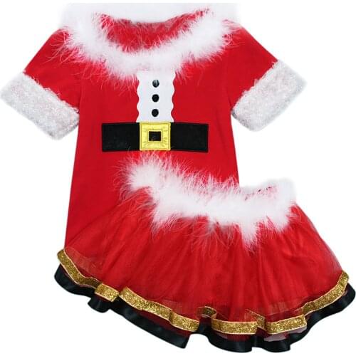 2021 0-5Y Christmas Toddler Girls Clothing Block Fluffy Red Short Sleeve Top+Tulle Tutu Skirt Santas Costume 2pcs Set