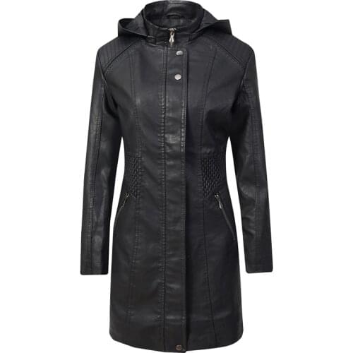 2020 New Autumn Winter PU Leather Jacket Women Fashion Hooded Collar Windbreaker Leather Coat Women Mid-long Keep Warm Outwear