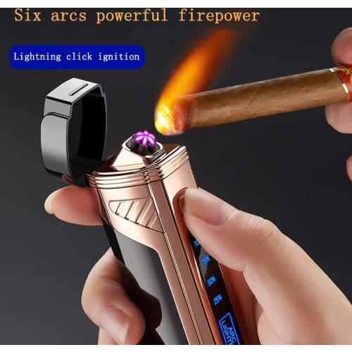 2021 New Metal 6 Arc USB Charging Lighter with Cigar Scissors LED Plasma Windproof Lighter Collection Gift Gadget