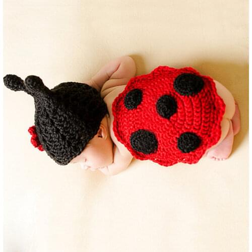 2020 Cute Ladybug Design Crochet Newborn Animal Costume Photo Props Knitted Infant Boy Girls Crochet Baby Hats for Photo Shoot