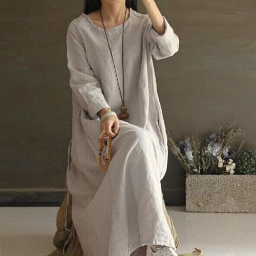 Women Vintage Linen Loose Casual Robe Dress Ladies Solid Color Retro Autumn Spring Dress Female Loose Vintage Dresses