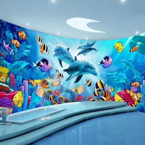 Custom Self-Adhesive Bathroom Mural Wallpaper 3D Ocean World Dolphin Aquarium Theme Space Wall Sticker PVC Waterproof Wallpapers