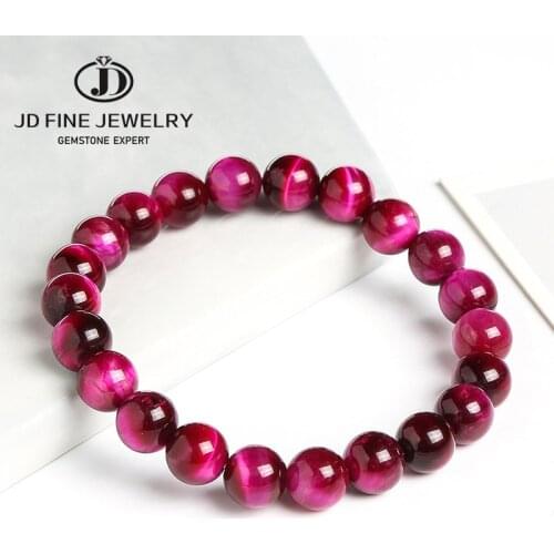 JD Natural Fuchsia Tiger Eye Stone Minerals Round Loose Beads Jewelry Good Lucky Elastic Bracelet New Year Gift