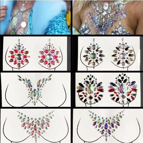Bright Rhinestone Temporary Tattoos Breast 3D Tattoo Sticker Flash GEM Nipple DIY Paste For Prom Chest Shiny Jewels Easy To Use