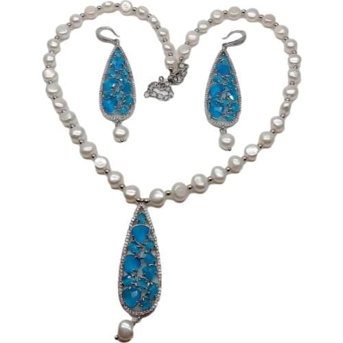 Y·YING natural White Baroque freshwater Pearl Bezel Set Blue Cat Eye Pave Pendant Necklace Earrings Set