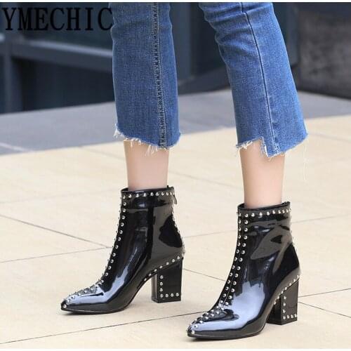 YMECHIC 2018 Fashion Pointed Toe Ladies Block Heel Shoes Rivet Pu Patent Leather Black Green High Heels Party Ankle Boots Winter