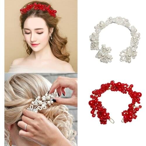 White/Red Style Lady Wedding Bridal Headbands Jewelry Handmade Hairpin Crystal Pearl Hair Clips Romantic Bridal Hair Accessories