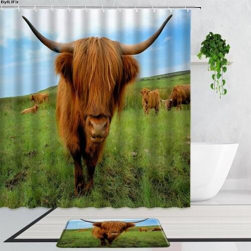 3D Highland Cattle Yak Bathroom Shower Curtains Fabric Set Grassland Wild Animal Bison Bathtub Curtain Non-Slip Bath Mats Carpet
