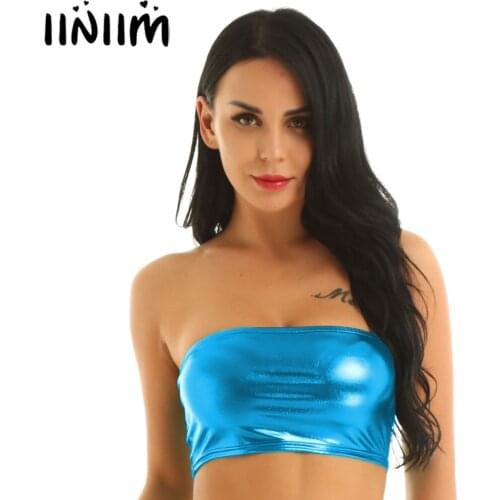 Iiniim Womens Femme Summer Bandeau Night Clubwear Parties costumes Shiny Strapless Tube Top No-Padded Wrapped Chest Bra Crop Top